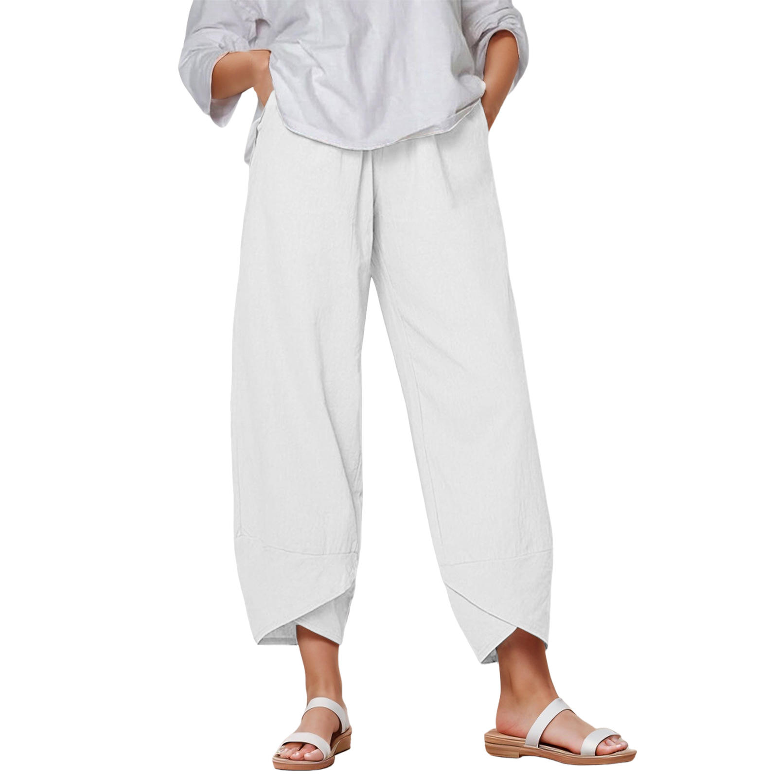Huesdet Linen Capris for Women Casual Summer Capri Pants Drawstring Elastic Waist Pants Loose Fit Cropped Pants with Pockets(White,3XL)